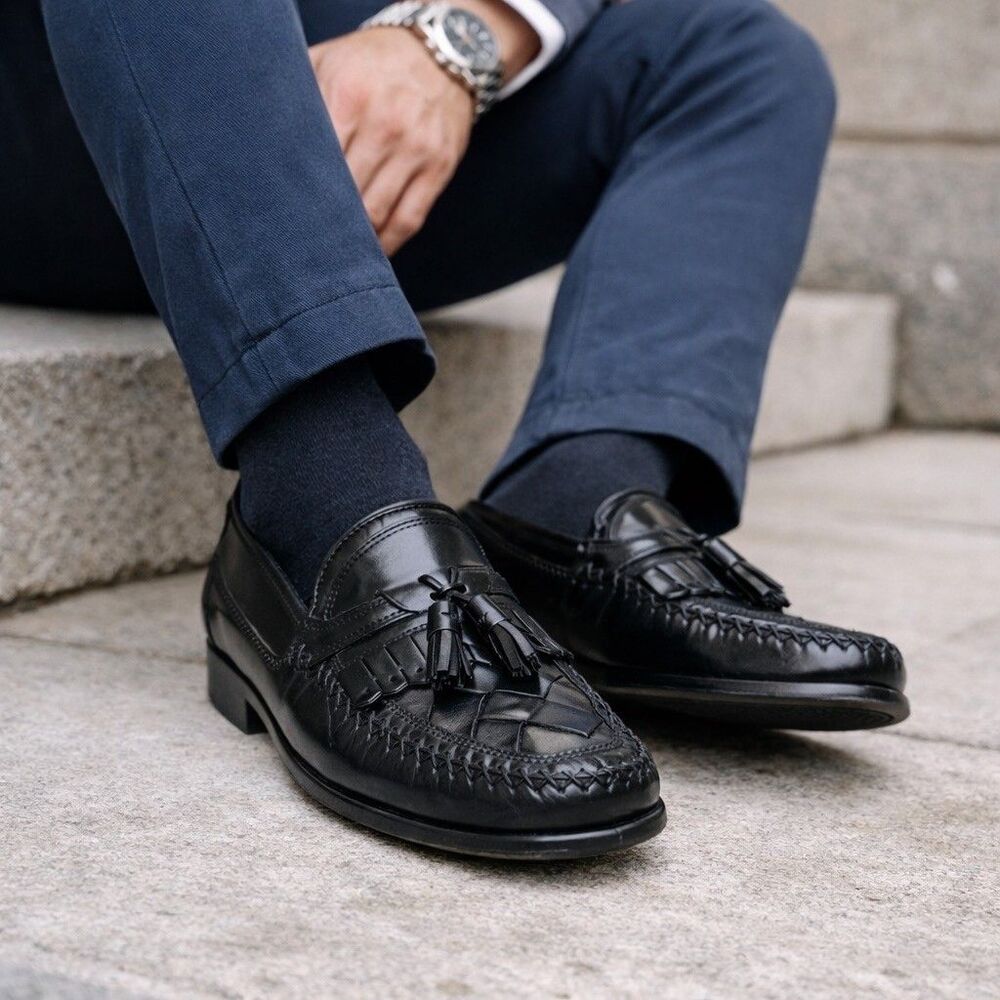 Giorgio Brutini Mens Size 9D Le Glove Tassle Kiltie Black Woven Leather Loafers